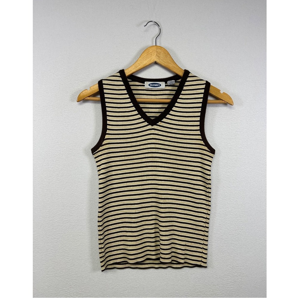 90s Retro Preppy Old Navy Womens Medium Brown Striped Ribbed V-Neck Sweater Vest